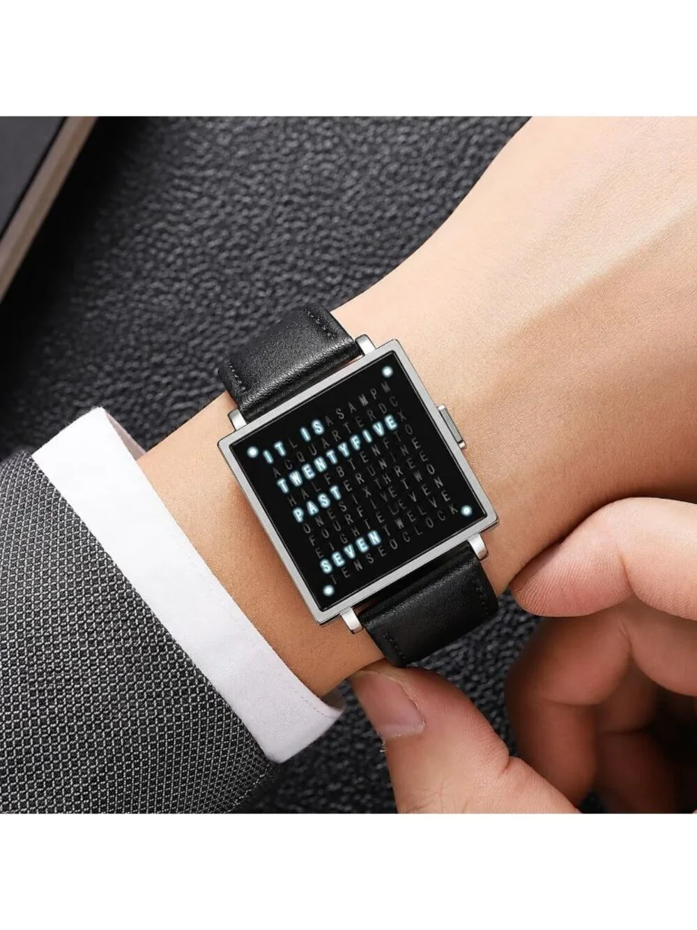 Men's Black Analog Leather Strap Multifunctional Waterproof Square Wrist Watch